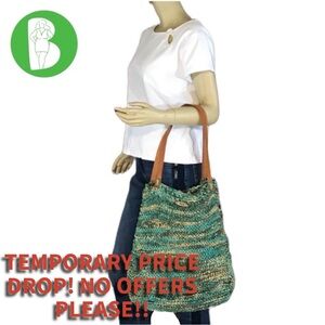 LINDA'S ORIGINAL GREEN, AQUA & TAN STRAW WITH LEATHER STRAPS LARGE TOTE BAG